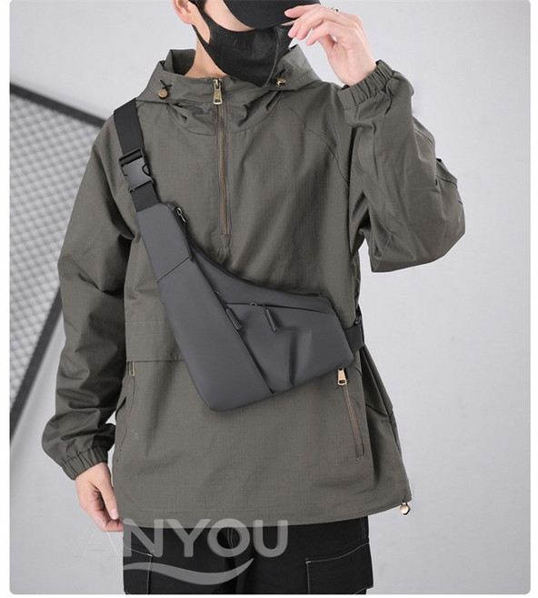 방수 방범 크로스백 트라이앵글 가슴팩 PU소재 남성용 캐주얼 슬링백 양쪽 어깨 스트랩 여행용 일상용 가방, 회색