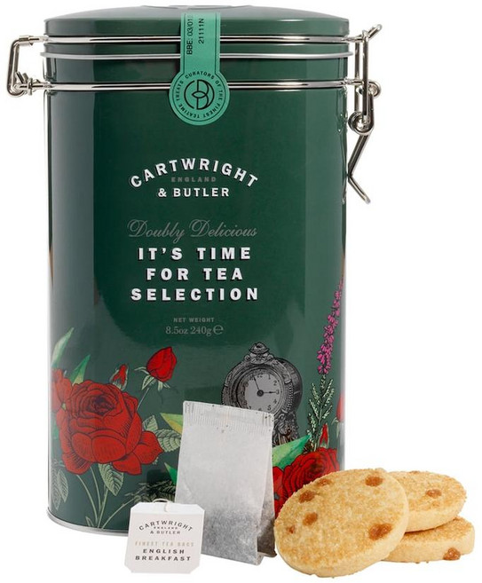 영국 헤롯백화점 카트라이트앤버틀러 Cartwright & Butler Tea and Biscuits Set 잇츠타임포티 셀렉션 티 & 비스킷 세트 캔, 150g, 6개, 150g