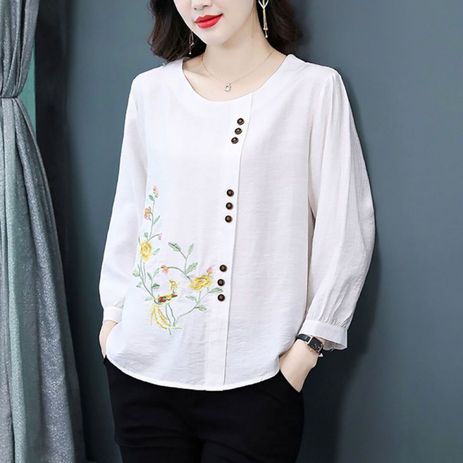 VVRR 여성 라운드넥 7부 소매 단추 자수 접합 코튼 티셔츠 A0041027