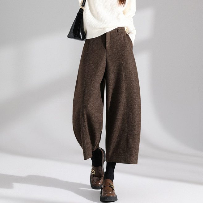 ZAJA 여성 루즈핏 바지 하이웨스트 모직 팬츠 겨울 기모 배기팬츠