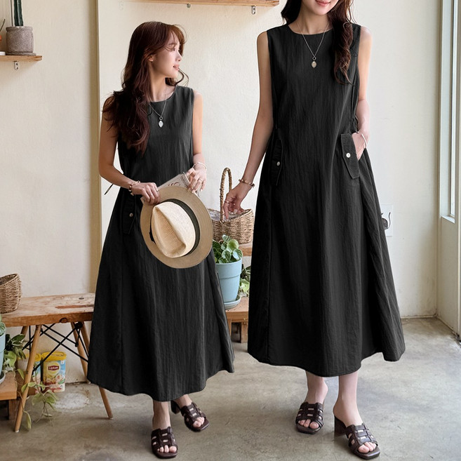 데일리앤 디아즈 바스락 민소매 스트링 플레어 아노락 나시 롱 원피스 여름 휴양지 장마철