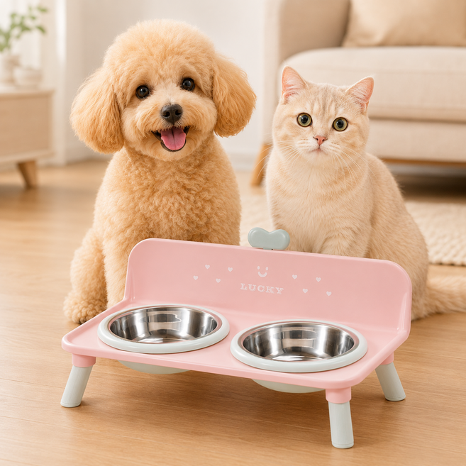 온데이 강아지 밥그릇 고양이 식기 2구 스테인리스 분리세척 물그릇 애견 식탁, 1개, 페일 핑크 민트