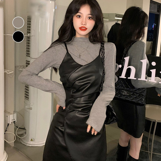 치유쿠 여자 가을 겨울 빅 사이즈 프렌치 레깅스 가죽 원피스