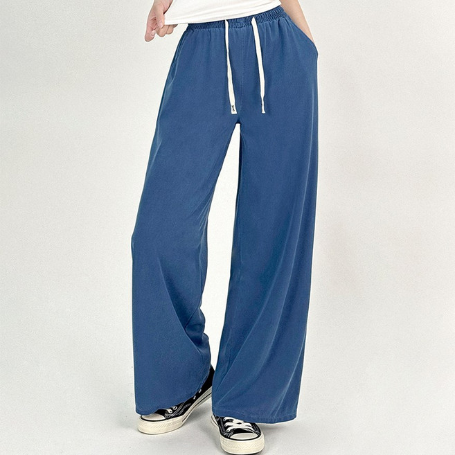 여성 여름 쿨 텐셀 스트링 밴딩 데님 세미와이드 롱 루즈핏 팬츠