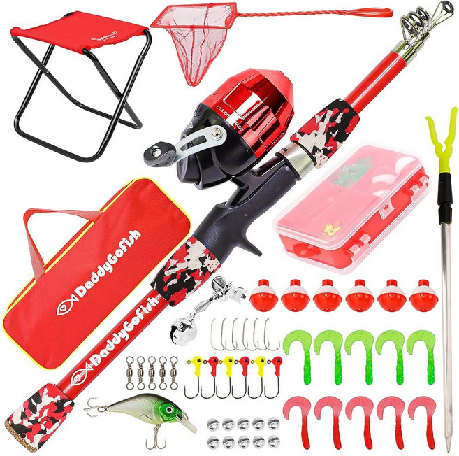DaddyGoFish 아동용 낚싯대 - 로드 릴 콤보 태클 박스 스타터 세트 - 첫해 소형 도크 기어 키트 남아 여아 유아 청소년 연령 초보자 어린 어린이 주니어 낚시꾼(블랙, Red (Complete Set)