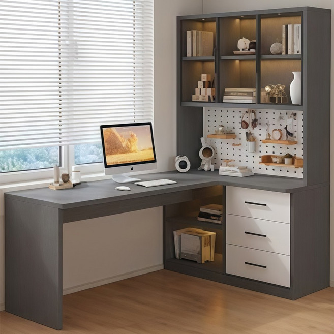 심플 코너형 일체형 컴퓨터책상 책상책장 세트 홈오피스 서재 인테리어 가구, 회색+오른쪽 책장