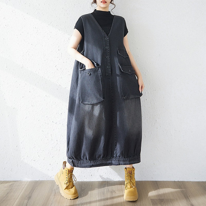 ANYOU 여성 데님 원피스 캐주얼 브이넥 사선 포켓 빅사이즈 데님 원피스