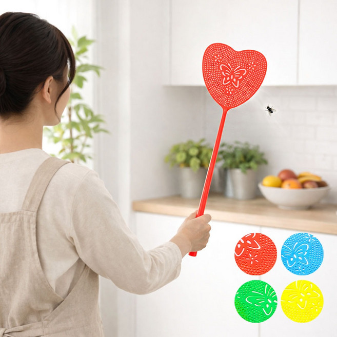 50cm 컬러랜덤 하트 파리채 1P ( 여름 날파리 해충퇴치 할머니집 플라스틱 고탄력 옛날 모기채 야외 캠핑 바베큐 식당 모기잡기 )