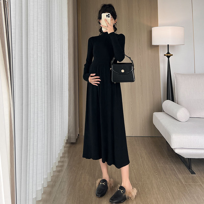 여성 임산부 원피스 캐주얼 가을 겨울 임부복 루즈핏 임산부 원피스 기질 임부 반폴라 롱 니트 원피스 ZZL