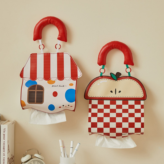 귀여운 벽걸이 티슈케이스 캐릭터 휴지케이스 방수 파우치형, 1세트, 집+사과