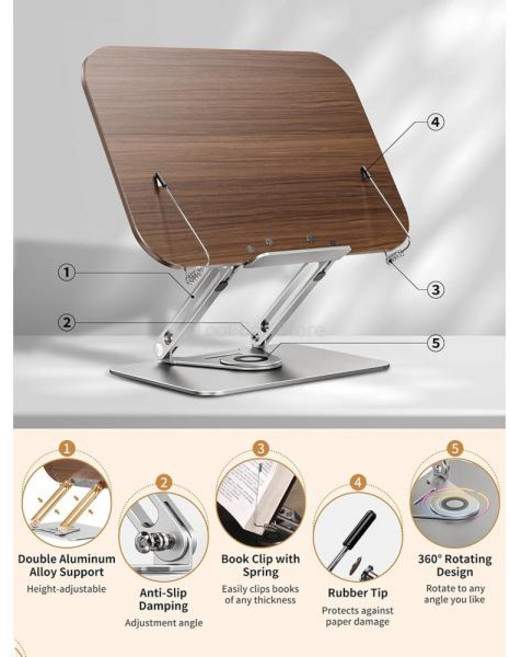 독서대 독서용스탠드 책거치대 조정 가능한 상 호두나무 독서 회전 베이스 접이식 태블릿 사무실 가구, Brown