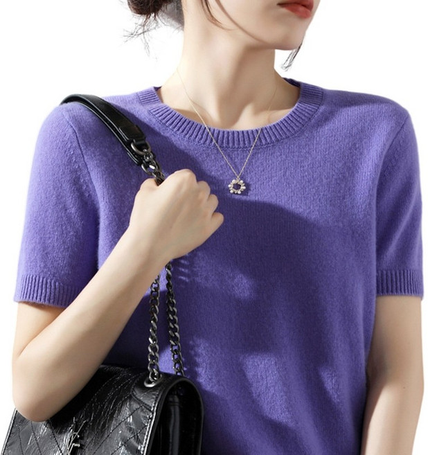 여성용 베이직 라운드넥 부드러운 간절기 데일리룩 반팔 니트 티셔츠