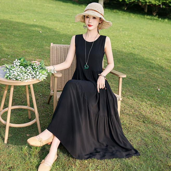 ORZQU 루즈핏 나시 롱원피스 40대 50대 여성 면 심플 민소매 A라인 롱원피스 엄마옷 빅사이즈