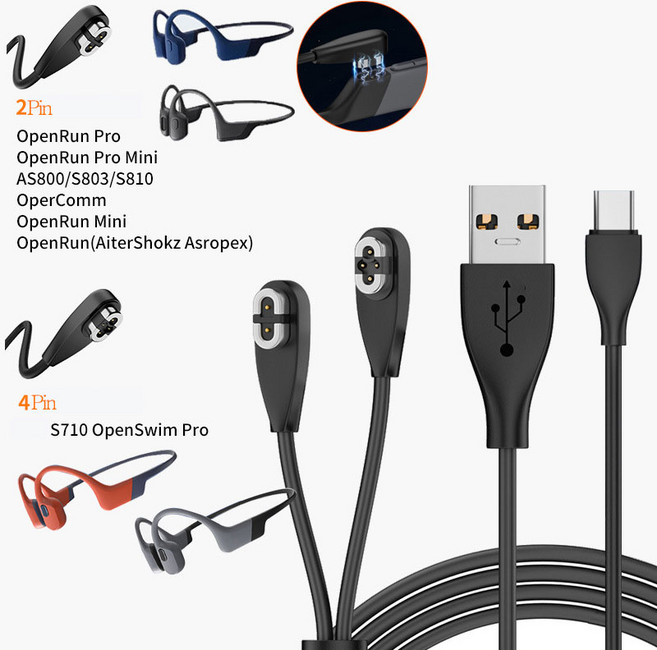 2in1 샥즈 SHOKZ 호환 오픈런 충전기 스윔 동시 충전 USB 케이블 호환 오픈스윔 마그네틱 애프터샥 S810 S803 S710 2핀 4핀 Mini AS800 1M, USB-A형, 2in1 블랙
