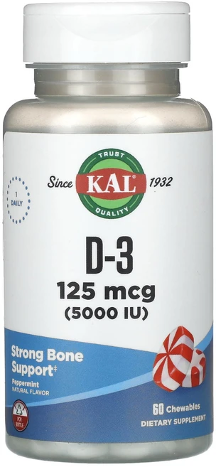 KAL 칼 D-3 125mcg 5 000IU 60 츄어블 건강유지 영양제, KAL 칼 D-3 125mcg 5,000IU 60 츄어, 1개, 60정 - 쿠팡