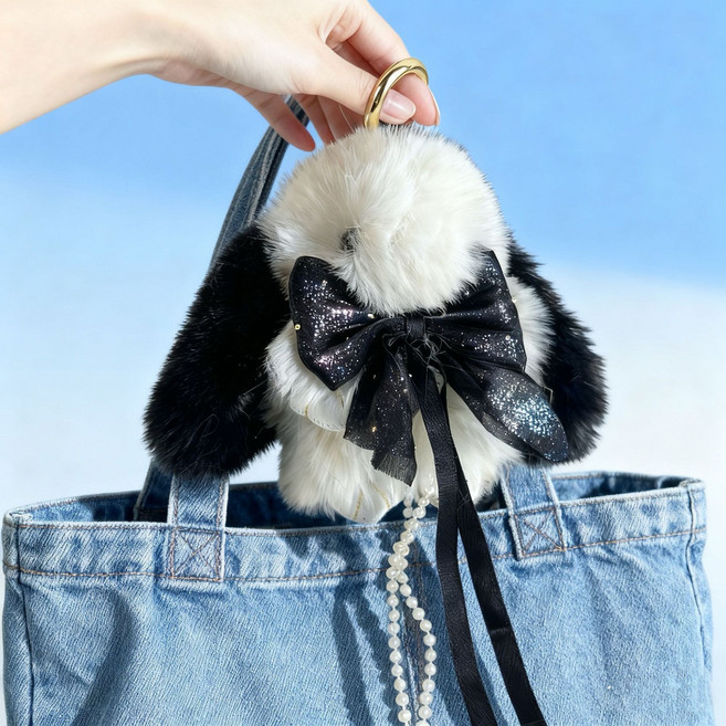 NEW-SALE 토끼털 모조 귀여운 튤립 토끼 자동차 키링 장식 플러시 인형 여성 가방 액세서리, 검은 리본 귀여운 토끼