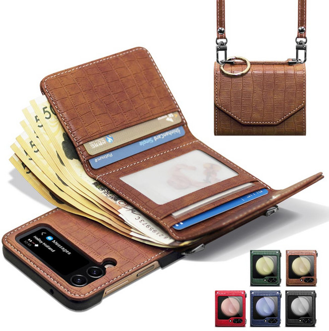 Z플립 7 6 5 4 3 지갑형 대용량 현금 수납 카드4장 수납 손목 어깨 스트랩 핑거링 힌지보호 제이콥스타일 정품 폰케이스 갤럭시 제트 PU 악어 가죽 패턴 지폐 핸드폰 케이스