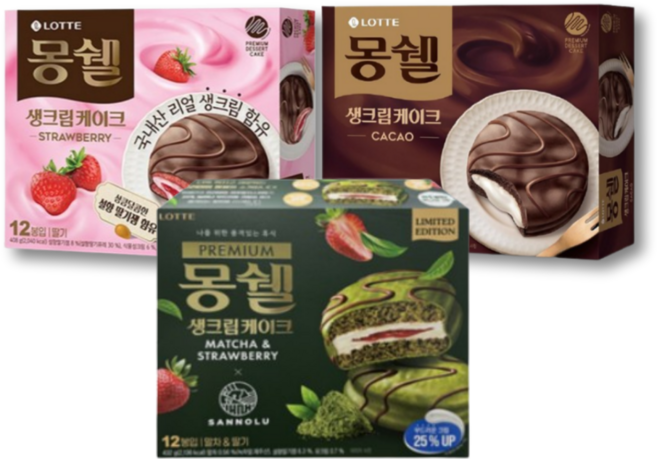 롯데 몽쉘 말차 444g 1 카카오 408g 1 딸기 408g 1 (총3개) 생크림케이크, 1세트, 1.26kg