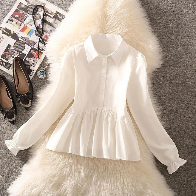 ROYALBELLE 여성 카라넥 긴팔 빅사이즈 프릴 밑단 디자인 고급스러운 셔츠 S082025