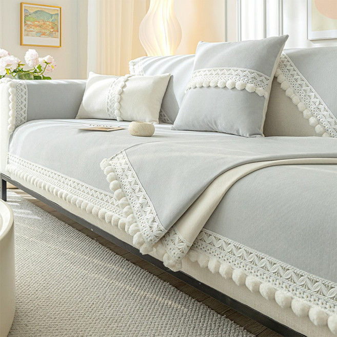 Bofung 사계절 순색 소파패드 쇼파매트 2-4인용 미끄럼 방지 북유럽 셰니어 자수 방울 트리밍