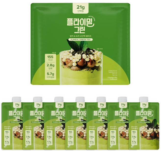 플라이밀 단백질 쉐이크 그린 파우치 녹차 말차 라떼 맛, 45g, 7개