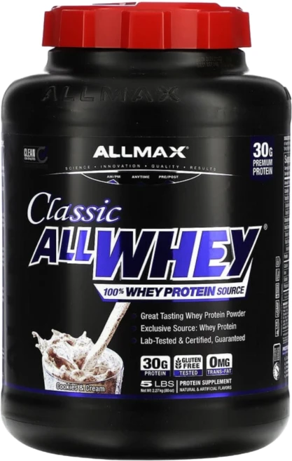 올맥스뉴트리션 ALLWHEY Classic 100% 유청 단백질 쿠키 크림 5 lbs. (2.27 kg), AMX22515, 1개, 2.27kg - 쿠팡