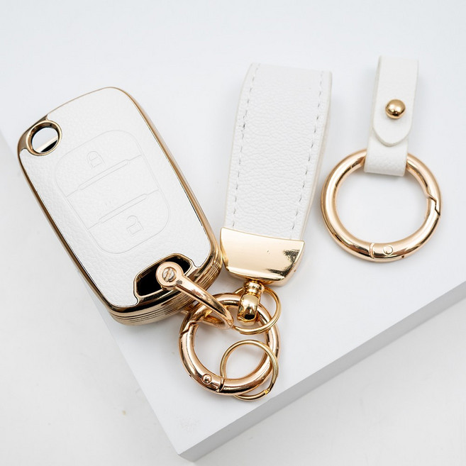 현대 기아 포터 모닝 레이 프라이드 싼타페 호환 TPU 가죽 L스트랩 세트 스마트 키 케이스 키홀더, 화이트, 2버튼 TL09_KH17