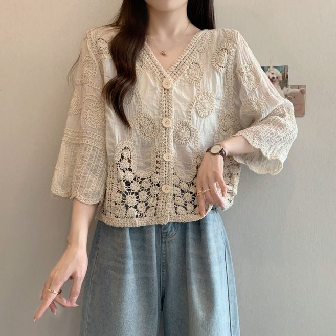 여성 빅사이즈 브이넥 7부소매 루즈핏 단색 크로셰 보헤미안 블라우스