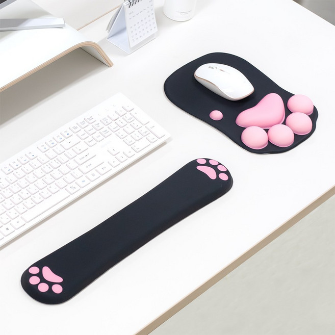 잼몬스터 메모리폼 마우스패드 팜레스트 키보드 손목 받침대 쿠션 세트 PP01, [세트]블랙핑크 텐키리스-냥발, 1개