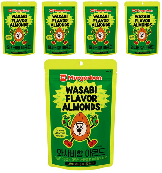 머거본 와사비 아몬드 200g, 머거본 와사비맛 아몬드 200g 5봉 간식/안주, 5개