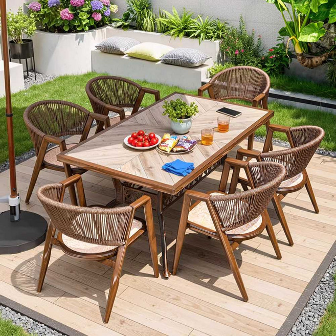 빈티지 발리 야외 라탄 알루미늄 철제 테이블 세트 4인 6인 세라믹 식탁 앤틱 감성 정원, 150cm 롱 암판 테이블 + 라탄의자B 6개