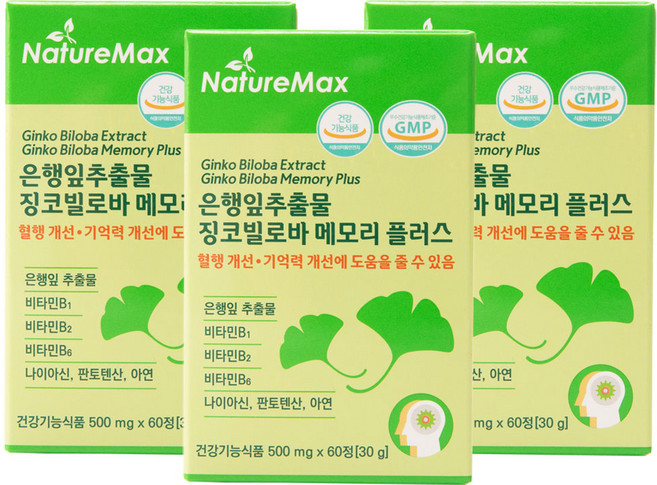 은행잎추출물 징코페놀 징코빌로바 메모리 플러스 기억력개선 혈액순환 혈행개선 (플라보놀 배당체 최대치 36mg) 2개월분, 60정, 3박스
