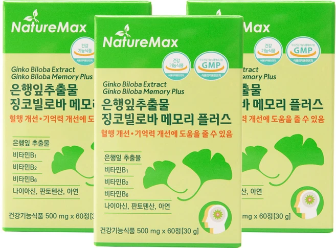 은행잎추출물 징코페놀 징코빌로바 메모리 플러스 기억력개선 혈액순환 혈행개선 (플라보놀 배당체 최대치 36mg) 2개월분 500mg x 60정 (30g), 3개 - 쿠팡