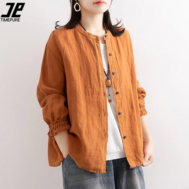 여성용 봄가을 면마 셔츠 루즈한 라운드넥 심플한 셔츠 코트