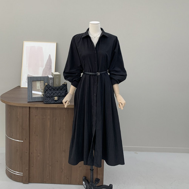 [행복여] 젠느 벨트 세트 셔츠 카라 플레어 원피스