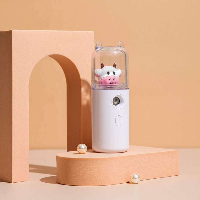 캐릭터 귀염둥이 수분 공급기 알코올분무기 페이스메이커 휴대용 USB 충전 미니 가습기, 귀여운 소 화이트, 귀여운 애완 동물 수화 기기