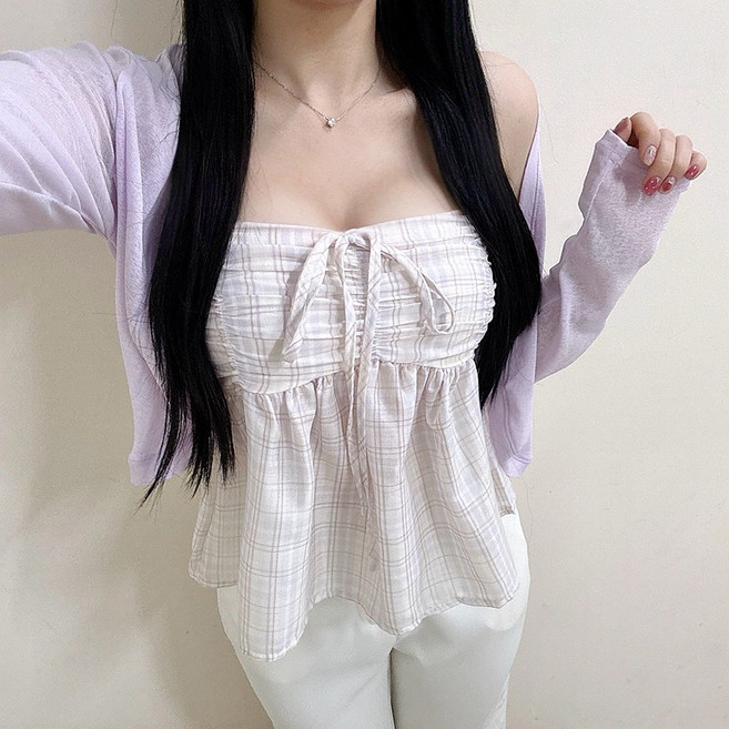 VANANA2 체크 나시블라우스 가디건 세트