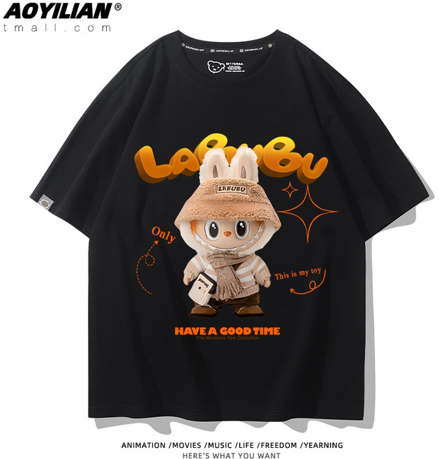 라부부 티셔츠 반팔티 반팔 반소매 여름 순면 남녀공용 빅사이즈 라운드넥 귀여운 캐릭터 굿즈