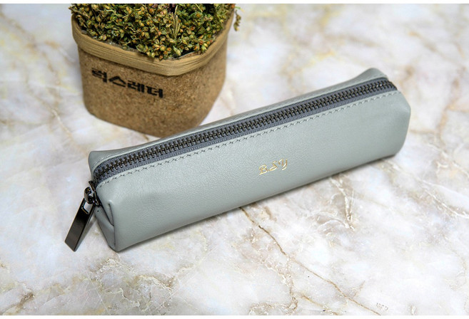 (무료이니셜) 가죽필통 대학생 중학생 선물용 펜파우치 럭스레더 수제사각필통, 1개, 라이트그레이