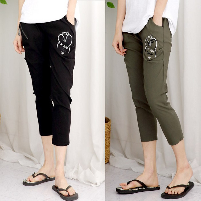 스타일샵간지 허리끈 미키자수 8부 배기팬츠