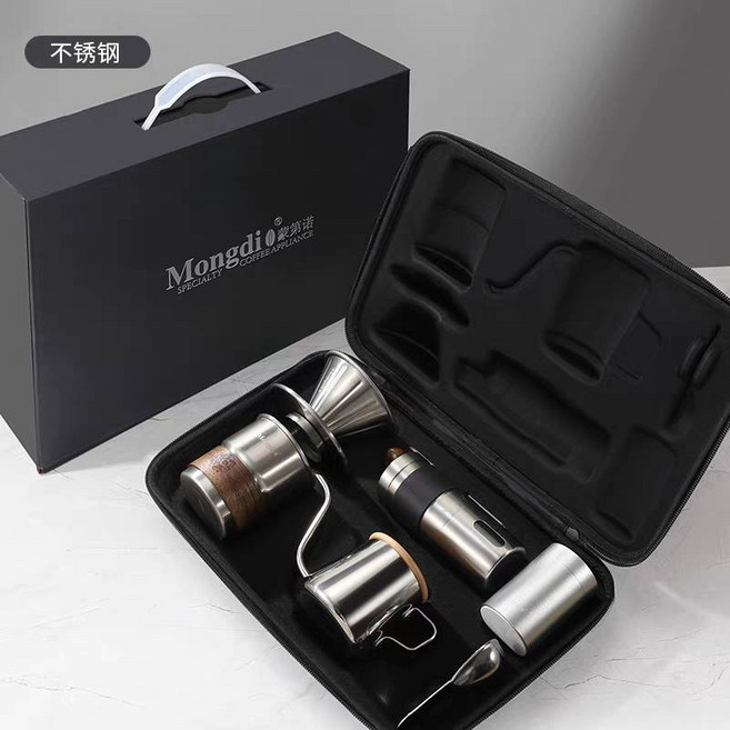 露露選品 // 含手提箱 露營 戶外 野餐手沖咖啡 居家手沖 手搖咖啡磨豆機 交換禮物 露營咖啡器具, 鋼本色, 1個, 200ml, 套組