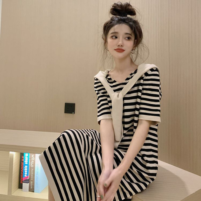 여성 세일러 카라 스트라이프 원피스 루즈핏 빅사이즈 반팔 롱 원피스 가을 여름 데일리룩 꾸안꾸 스타일 내추럴핏 감성 캐주얼 원피스