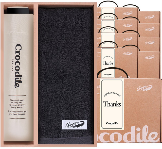 크로커다일 수동 3단 우산+30수 오코텍스 타올 선물 세트, 10세트, 아이보리우산+그레이타올