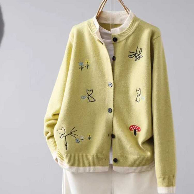 슬림소녀 여성용 귀여운 자수 패턴 소프트 라운드넥 니트 카디건