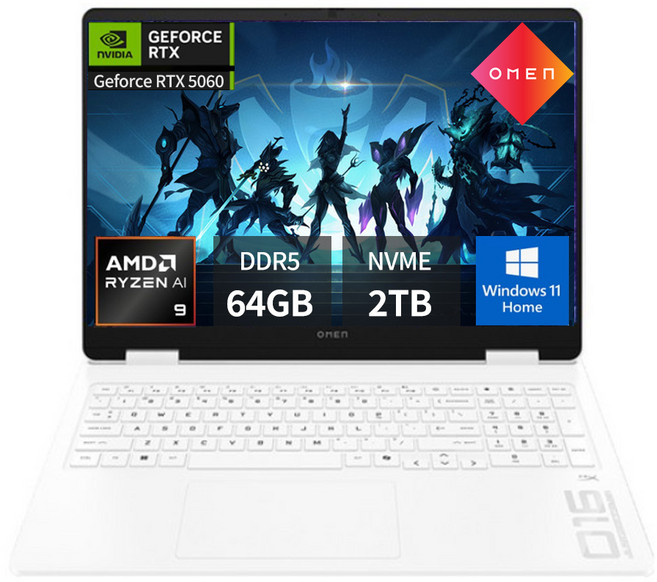 HP 오멘 16-ap0112AX 라이젠 AI 9 365 지포스 RTX 5060 윈도우11홈 포함 가성비 고성능 고사양 게이밍 노트북, WIN11 Home, 64GB, 2TB, 세라믹 화이트