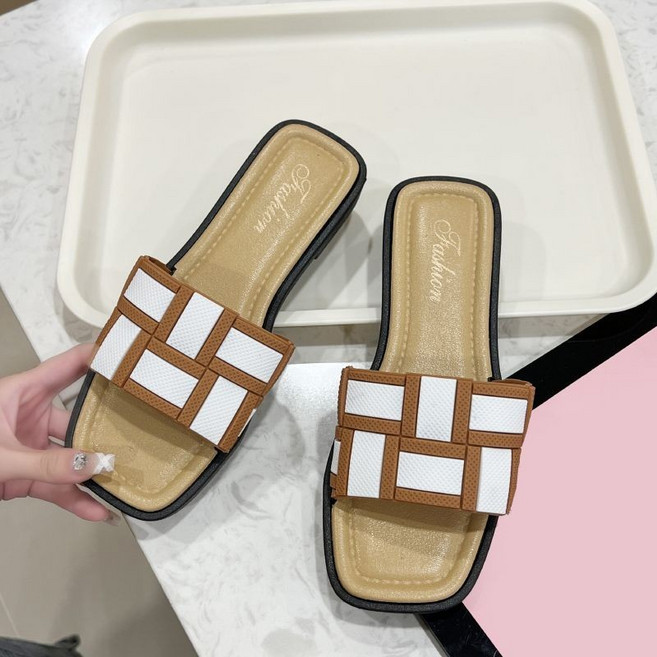 女士平底格子拖鞋 夏季外穿防滑涼拖