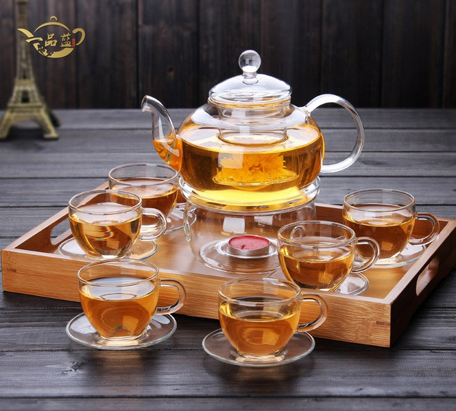 스타일럭 [사은품 꽃차(육수다시) 티백 10개 증정 외] 2중잔 6인 유리다기세트 명절 어버이날 집들이 선물 600ml 800ml 티포트 유리잔 모두 포함, 세트6)800티포트+손잡이잔6개+하트워머+우드트레이, 1세트