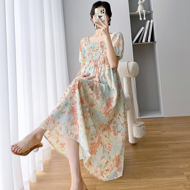 孕婦連衣裙 夏日印花短袖連衣裙