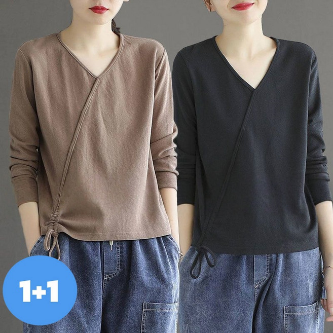 Makone 여성 브이넥 순면 긴팔 티셔츠 봄가을 캐주얼 패션 빈티지 측면 스트링 장식 엄마룩 1+1