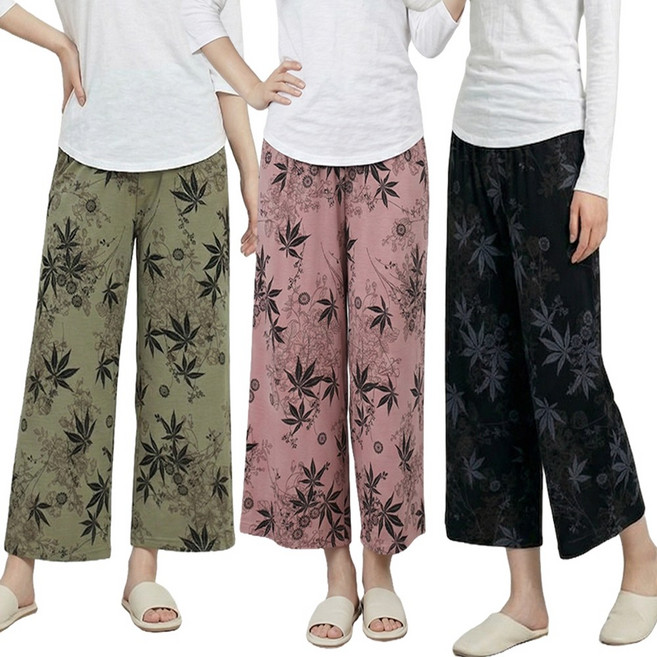 단풍 8부 여성 통바지 여자 파자마 잠옷 바지 와이드 홈웨어 하의